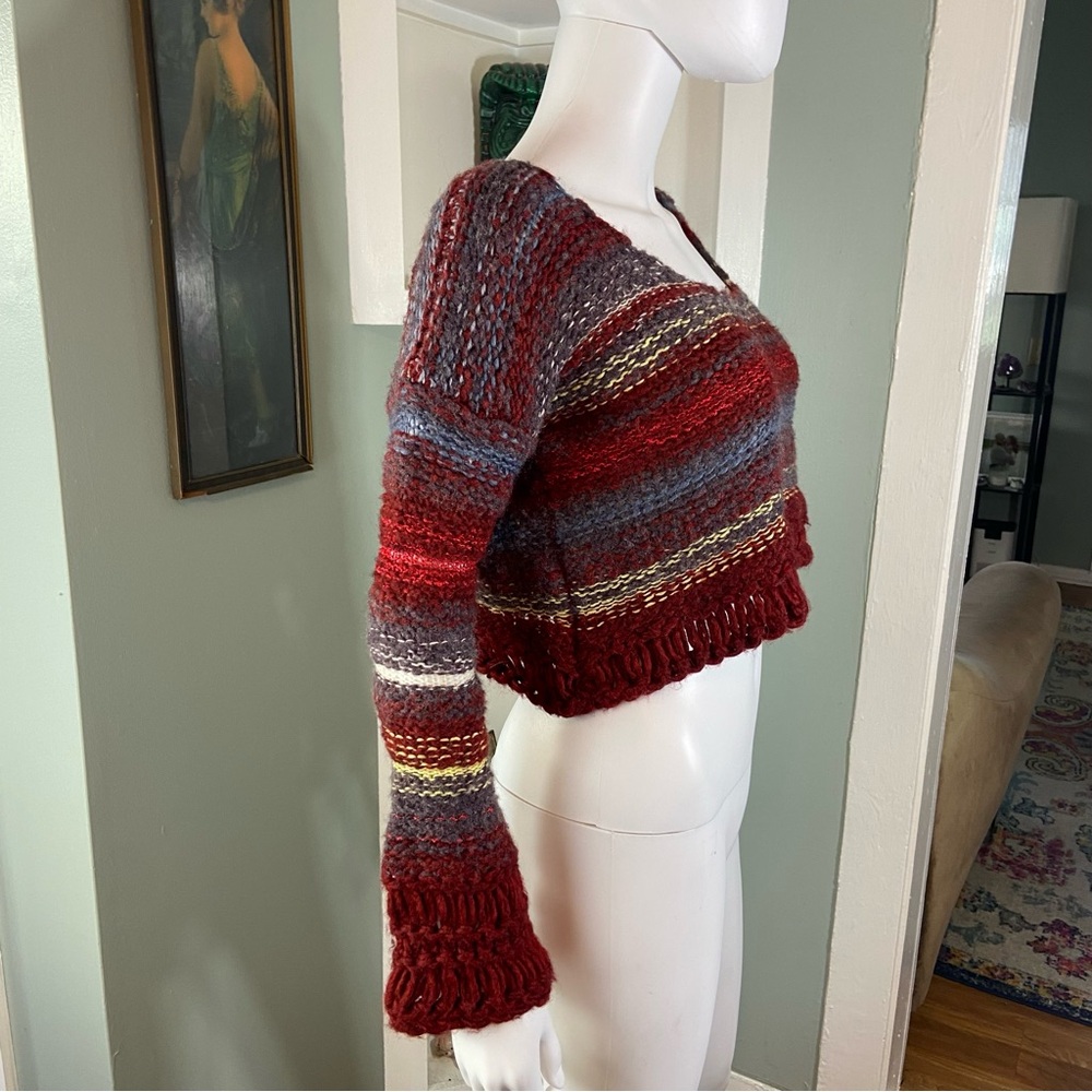 Free People Nordic Red Gray Striped Cropped Bell Sleeve Sweater Small S Chunky - Picture 10 of 14